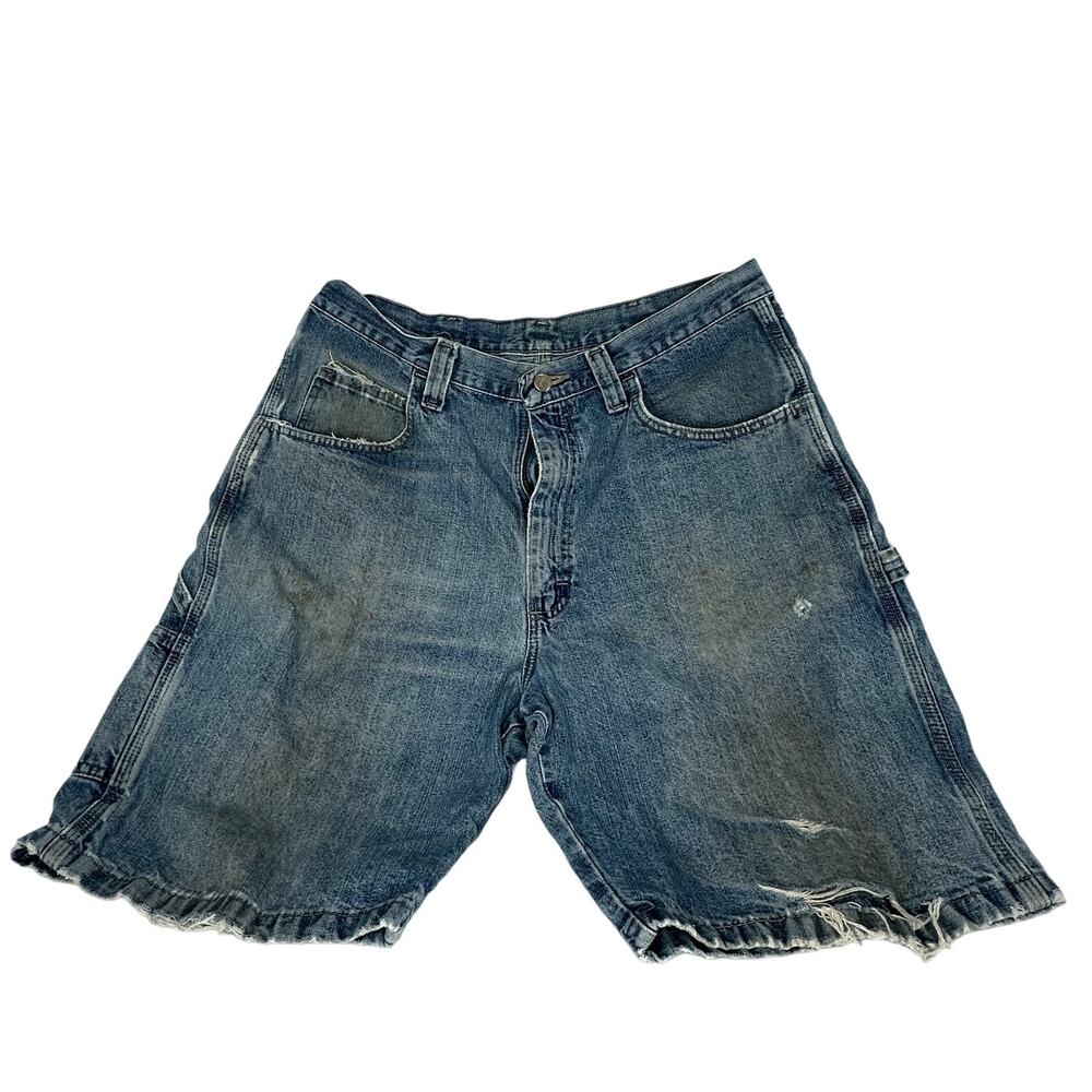 Wrangler Carpenter Denim Shorts Mens 34 Blue Distressed Jorts Cotton